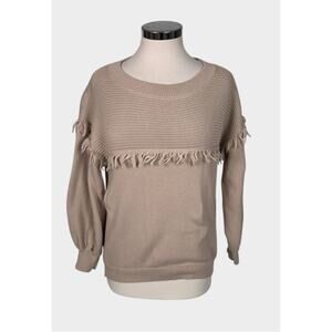 Grace + Karma Womens Sweater Size M Beige Oatmeal Fringe Details Crewneck